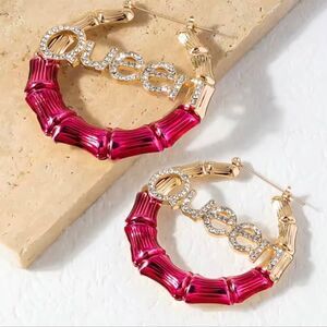 Stainless Steel Bamboo Hoop Earrings Big Hollow Letter Queen Earring
